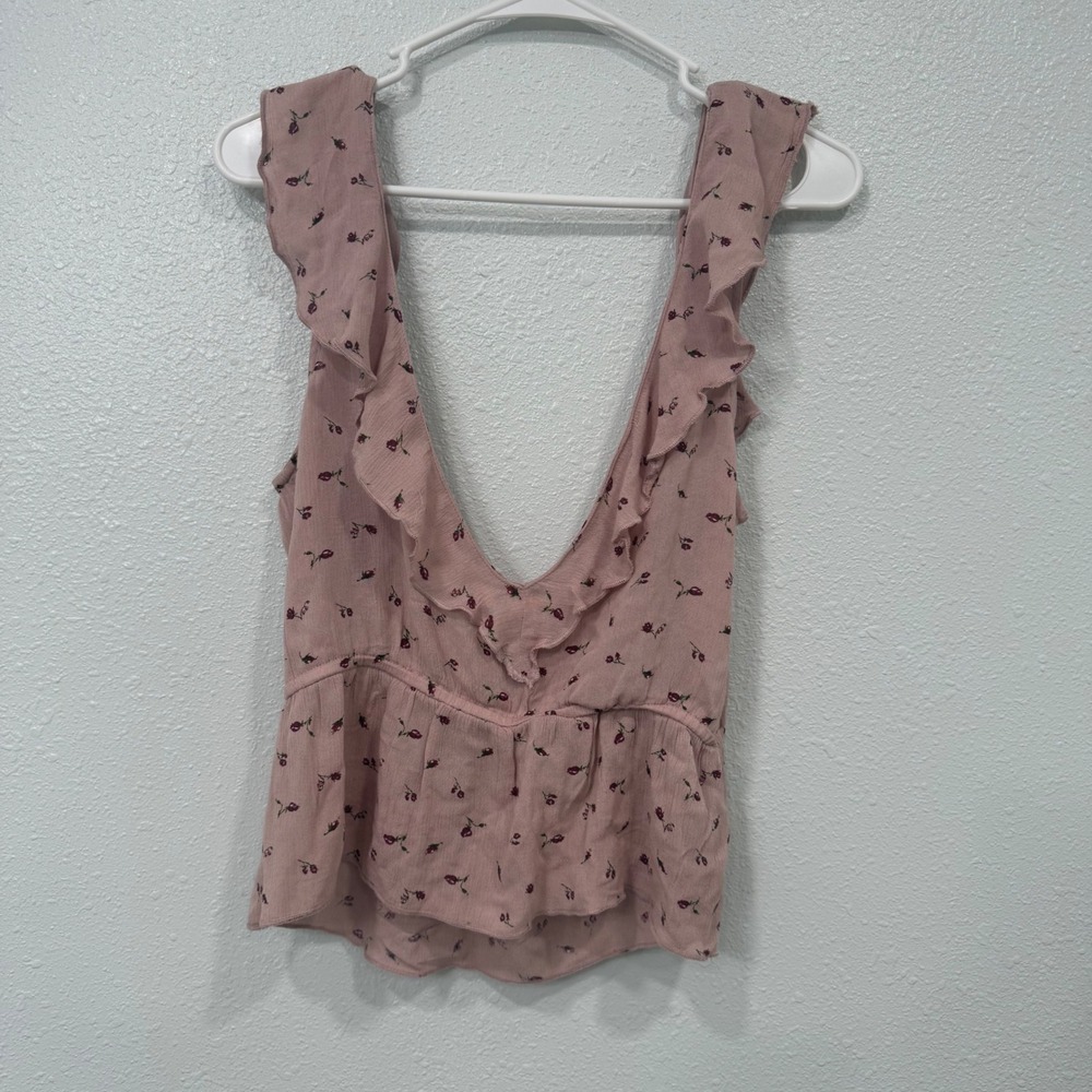 Americanā Eagle Pink Floral Ruffle V-Neck Peplum Tank Top Open Back XS Rosebud